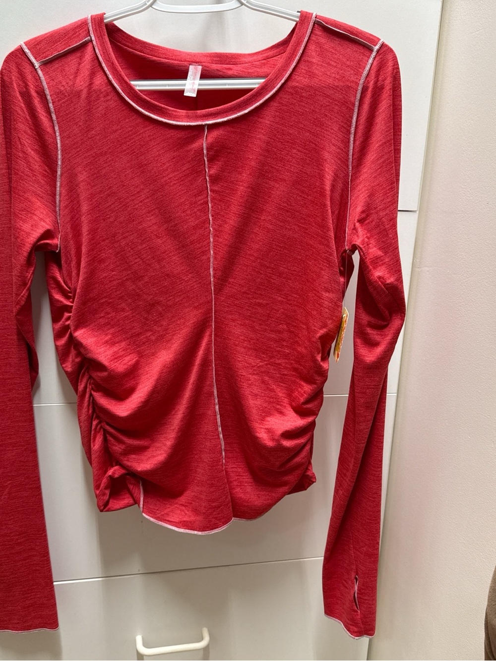 Free People Red Long-Sleeve Ruched Side Crewneck Top